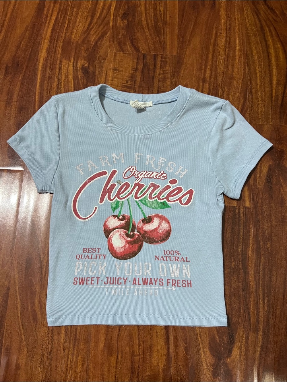 Full Tilt Light Blue Farm Fresh Organic Cherries Baby Tee Tshirt size Small